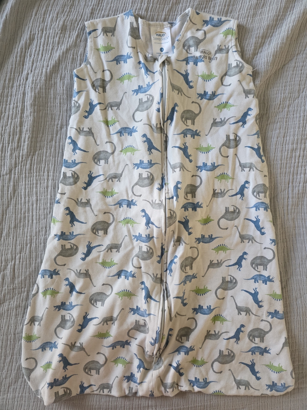 Halo Sleeveless Sleep Sack in White with Blue, Gray & Green Dinosaur Print